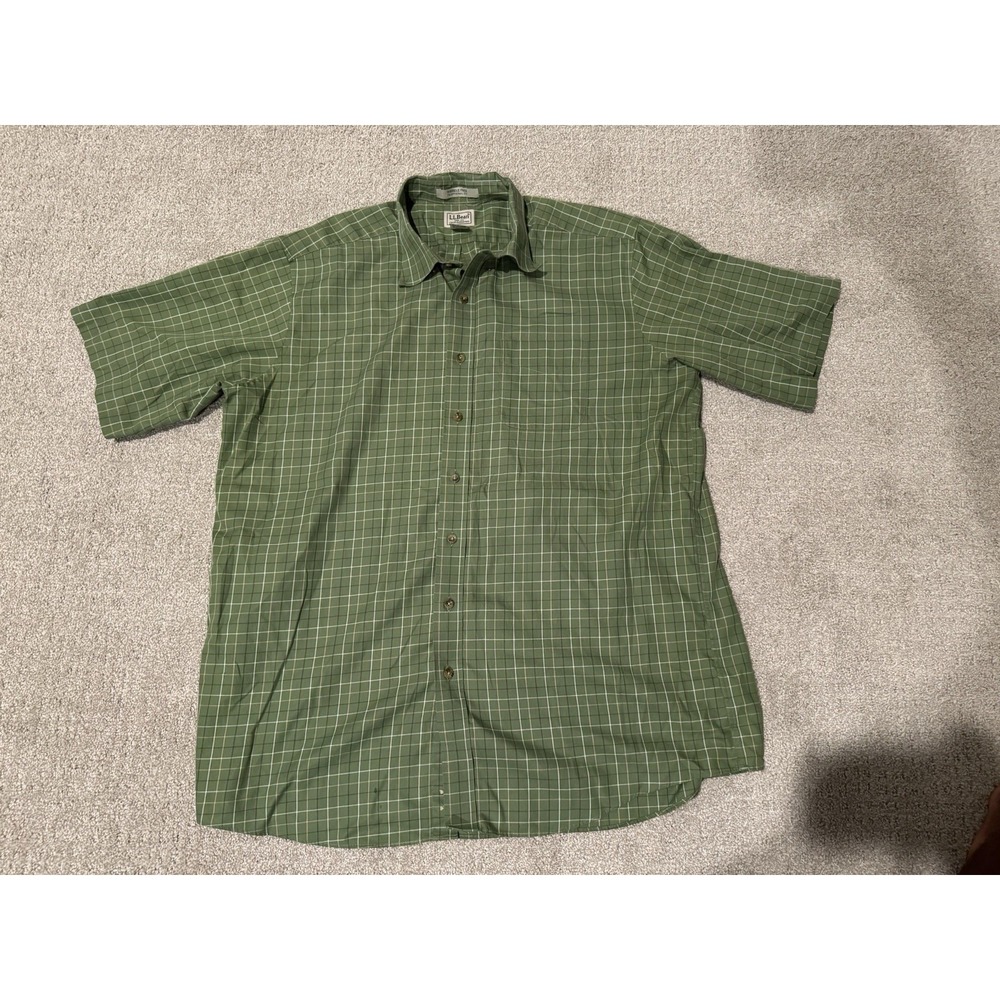 L.L. Bean Men's XL TALL Green Plaid Short Sleeve Button Down Shirt Windowpane
